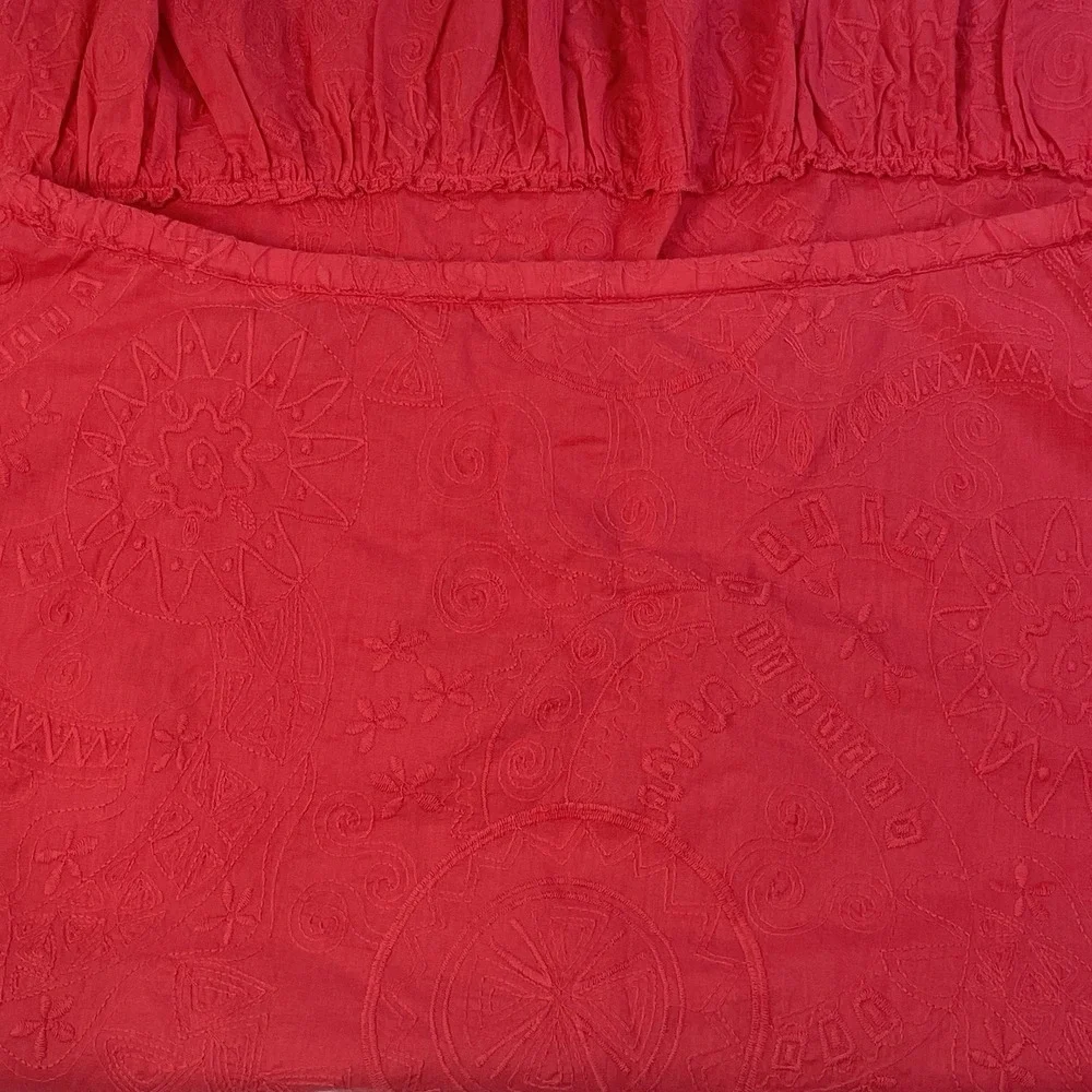 Susan Bristol Red/Pink Embroidered Cotton Skirt L‎ Ruffle Hem Boho Cottagecore